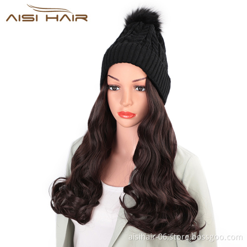 Aisi Hair Dark Brown Synthetic Long Wavy Cosplay Party Knit Slouchy Hat Fiber Hair Extension With Cap For Black White Women